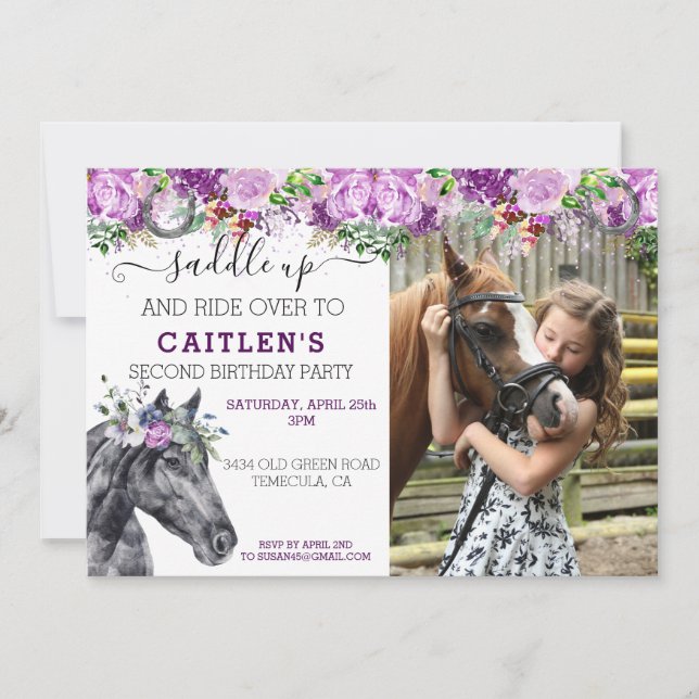 Saddle Up Horse Lover Floral Purple Pretty Glitter Invitation (Front)