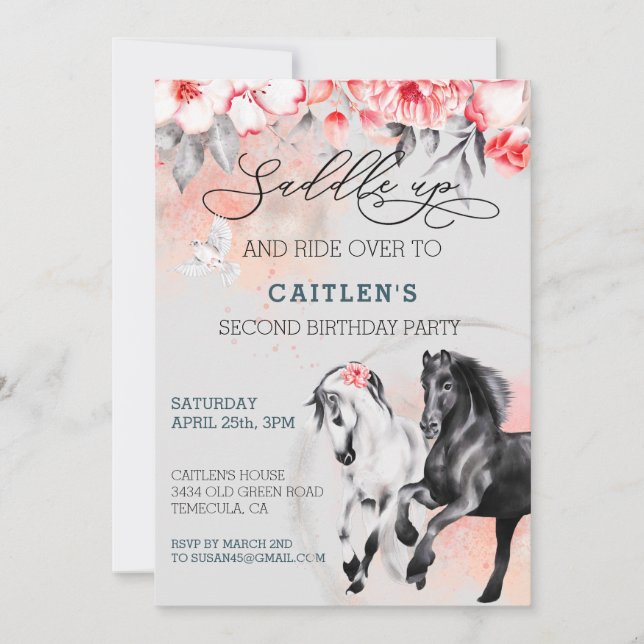 Saddle Up Horse Watercolor Flower Red Black  Invitation (Front)