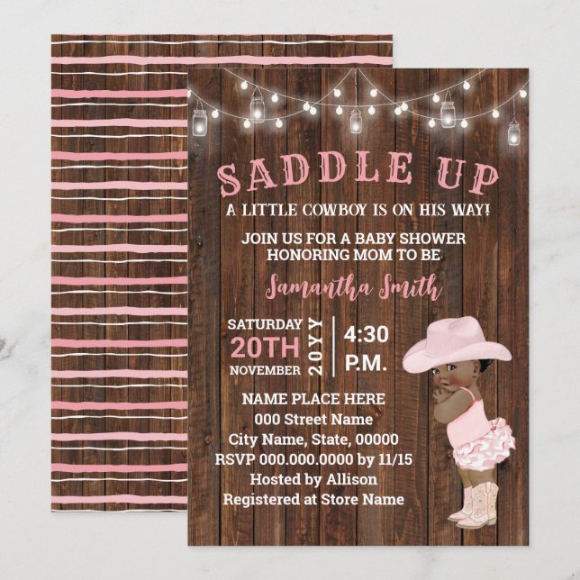 Saddle Up Little AA Cowgirl on her Way Baby Shower Invitation (Front/Back)