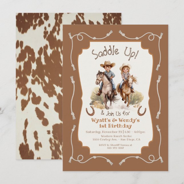 Saddle up little twin Cowboy Cowgirl birthday Invitation (Front/Back)