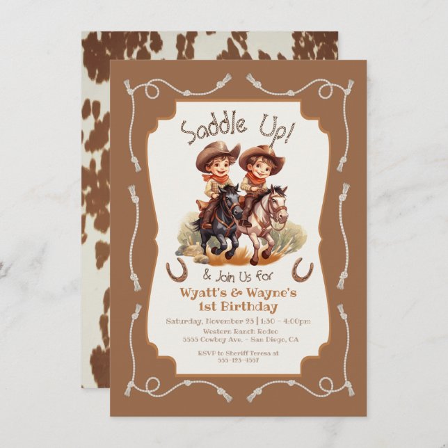 Saddle up little twin Cowboy horse birthday party Invitation (Front/Back)