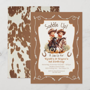 Saddle up little twin Cowboy horse birthday party Invitation