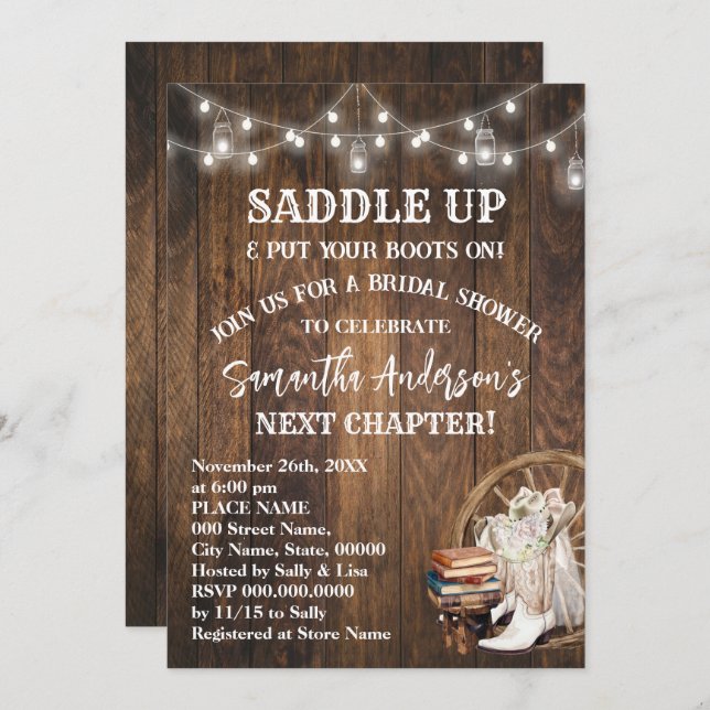 Saddle Up Put Your Boots & Books Bridal Shower Invitation (Front/Back)