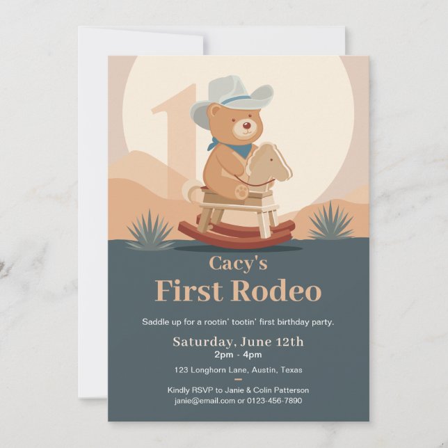 Saddle Up Teddy Bear First Rodeo Birthday Invitation (Front)