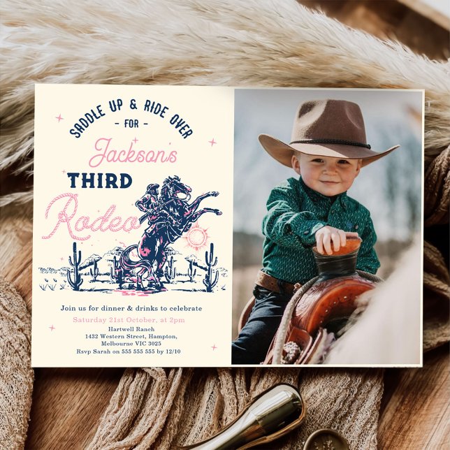 Saddle up Third Rodeo Cowboy Birthday Photo Invitation (Creator Uploaded)