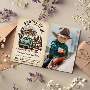 Saddle Up Western 1st Birthday Party Photo  Invitation