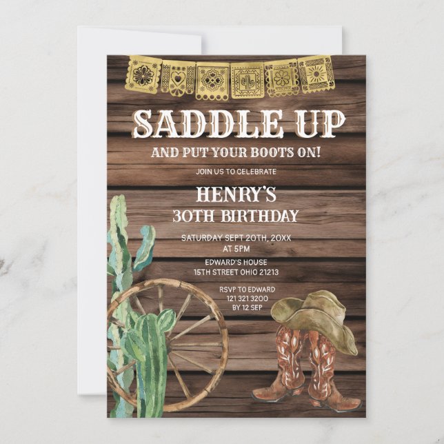 Saddle Up Western Cowboy Birthday Rustic Wood Invitation (Front)