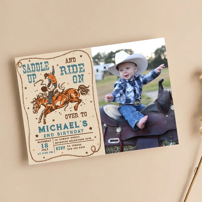 Saddle Up Western Rodeo Cowboy Birthday Photo Invitation (Creator Uploaded)