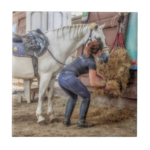Saddled Horse at Feeding Time Tile
