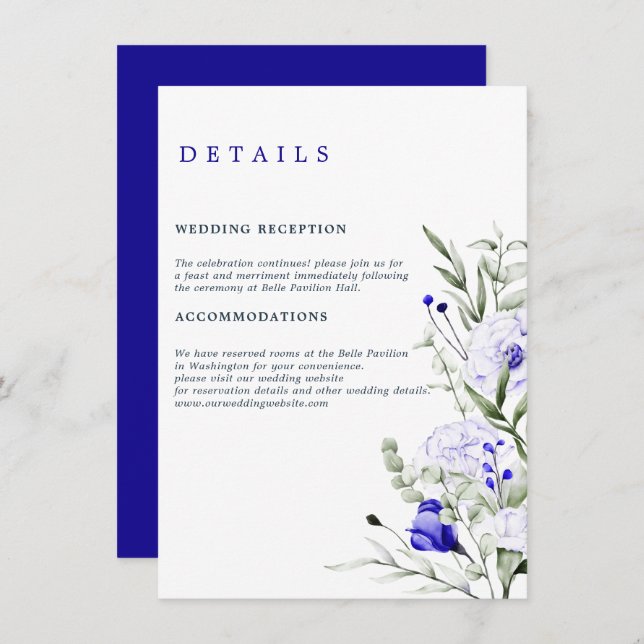 Sade Of Royal Blue Ivory Floral Wedding Details  Enclosure Card (Front/Back)