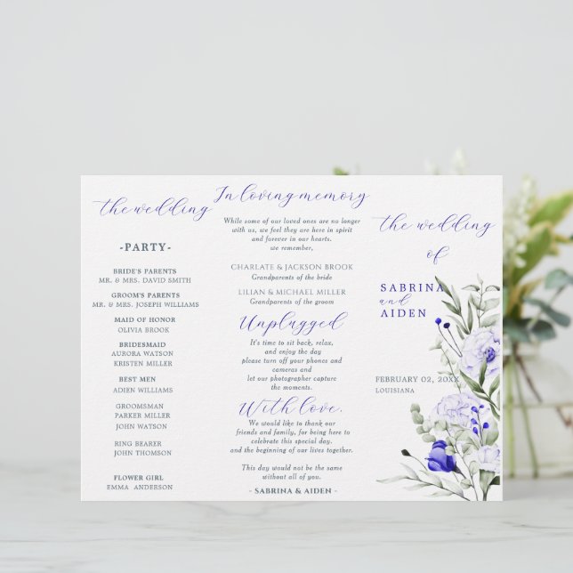 Sade Of Royal Blue Ivory Floral Wedding Program (Standing Front)