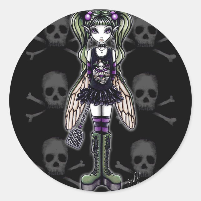 "Sadie" Punk Fly Faery Cute Skull Stickers (Front)