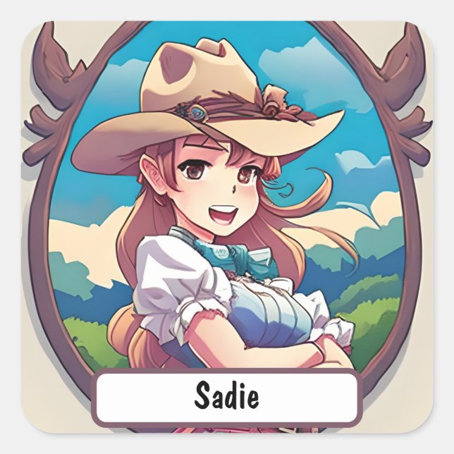 Sadie The Cowgirl, With Custom Nametag!  Square Sticker (Front)