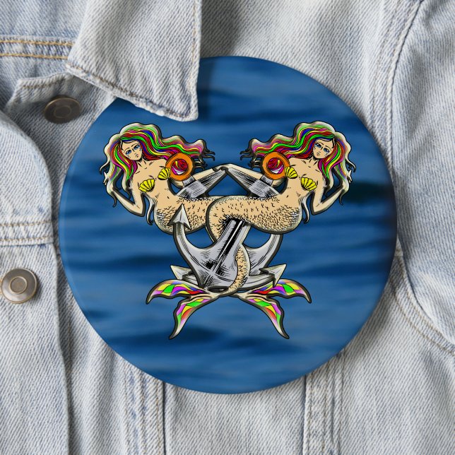 Sadly mermaids at anchor  6 cm round badge (In Situ)