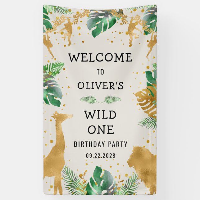 Safari 1st Birthday Party Green Ecru Welcome Banner (Vertical)
