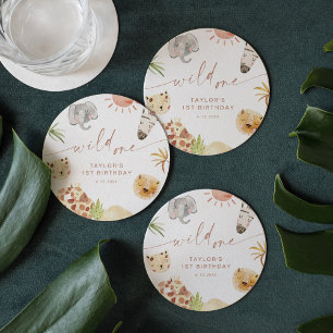 SAFARI 1st Birthday Party Round Paper Coaster