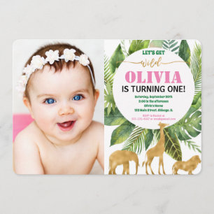 Safari 1st birthday photo invitation girl wild one