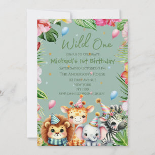 Safari 1st Birthday Wild One Floral Kids Birthday Invitation