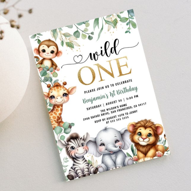 Safari 1st Birthday Wild One | Gold Jungle Animals Invitation (Creator Uploaded)