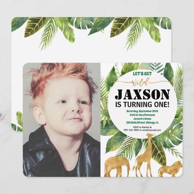 Safari 1st first birthday invitation boy photo (Front/Back)