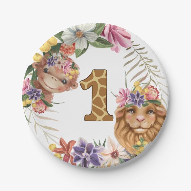 Safari 1st first monkey lion wild animal birthday paper plate (Front)