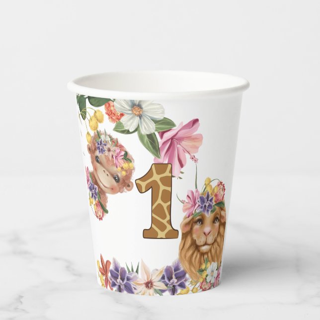 Safari 1st first wild baby lion monkey birthday paper cups (Front)