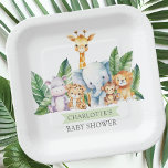 Safari Adventure Baby Shower Paper Plate<br><div class="desc">This safari adventure baby shower design showcases charming jungle animals including a hippo, giraffe, elephant, lion, monkey & tiger. Perfect for celebrating the arrival of a new bundle of joy. The vibrant colours and cute animal illustrations create a whimsical and playful atmosphere, setting the tone for a fun and memorable...</div>