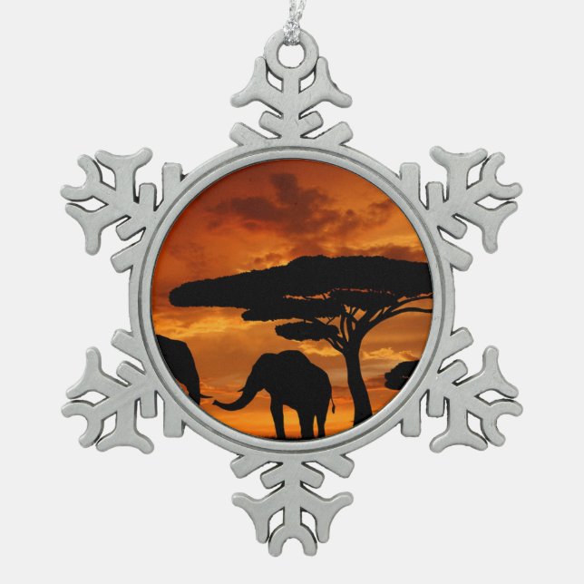 Safari African Baobab tree elephant silhouette Snowflake Pewter Christmas Ornament (Front)