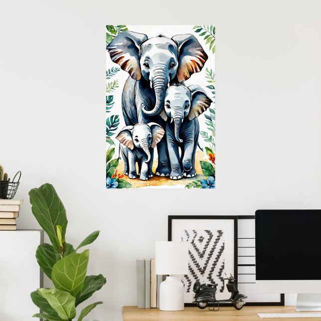 Safari African Elephants Family, Baby Elephant Poster (Home Office)