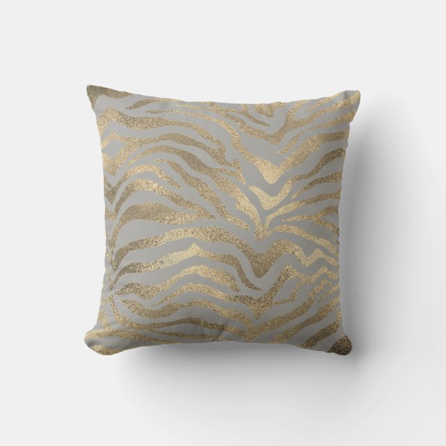 Safari African Gold Glam Zebra Animal Skin Gray Cushion (Front)