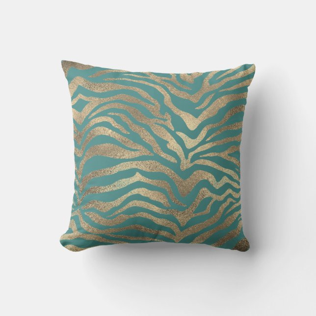 Safari African Gold Glam Zebra Animal Skin Teal Cushion (Front)