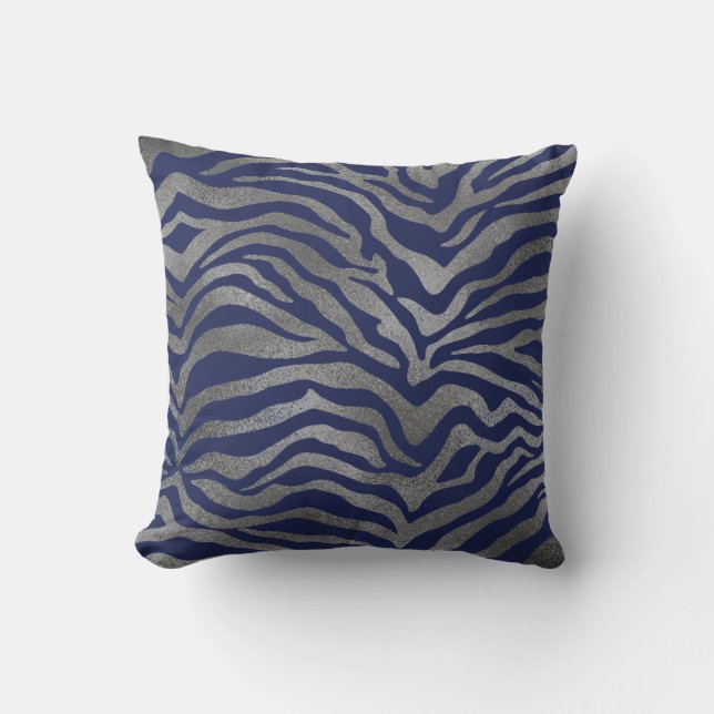 Safari African Silver Glam Zebra Animal Skin Navy Cushion (Front)