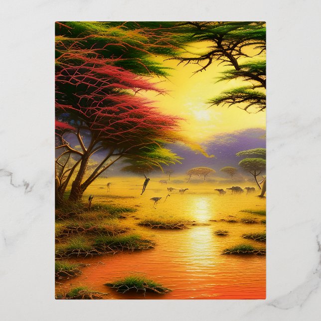 Safari, African Sunsets and Wild Animals. Foil Holiday Postcard (Front)