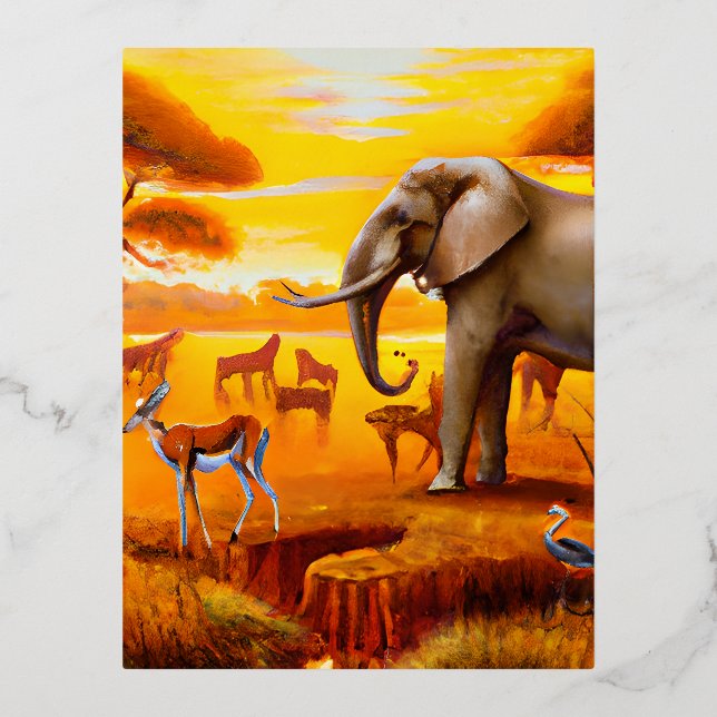 Safari, African Sunsets and Wild Animals Foil Holiday Postcard (Front)