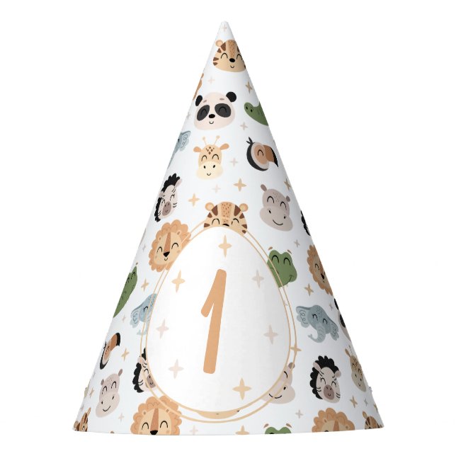 Safari animal 1st birthday boy age paper hat (Front)