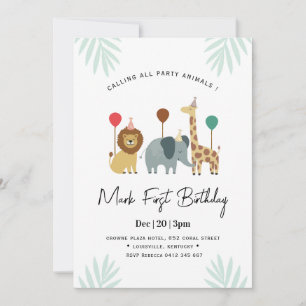 Safari Animal 1st  Birthday Party  Invitation