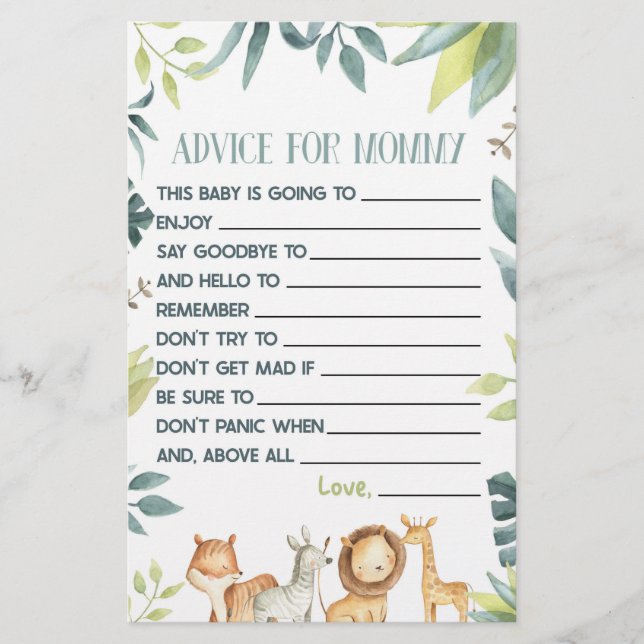 Safari Animal Advice Baby Shower Game Activity Stationery (Front)