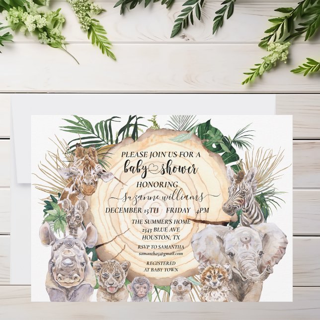 Safari Animal Babies Watercolor Jungle Baby Shower Invitation (Creator Uploaded)
