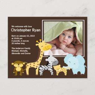 Safari Animal Baby Birth Photo Announcement