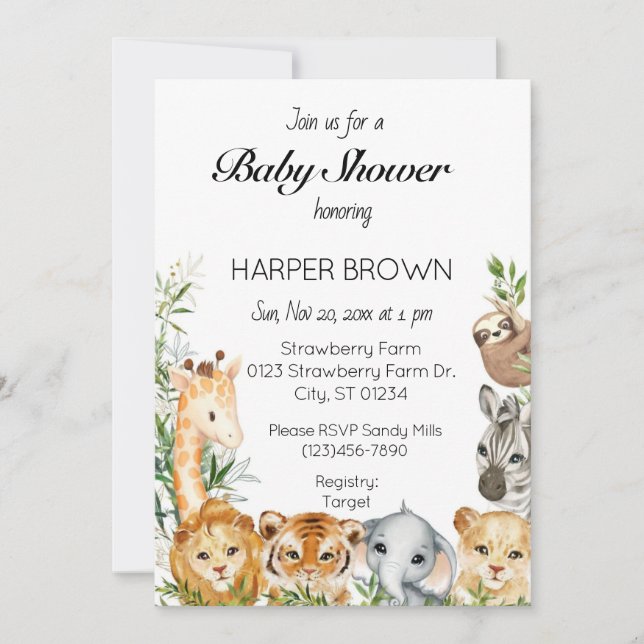 Safari animal baby shower  invitation (Front)
