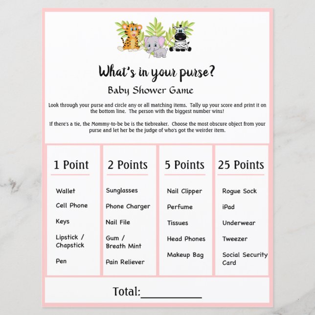 Safari Animal Baby Shower Whats In Your Purse Game (Front)