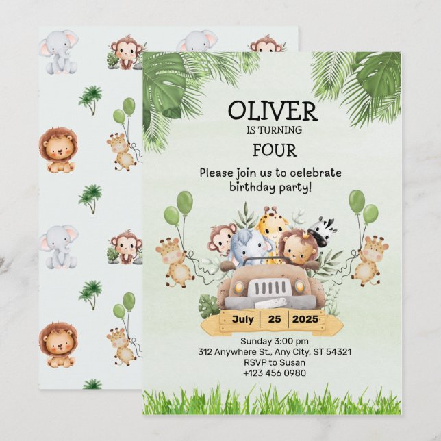 Safari Animal Birthday 4th Invitation Flat Cards (Front/Back)