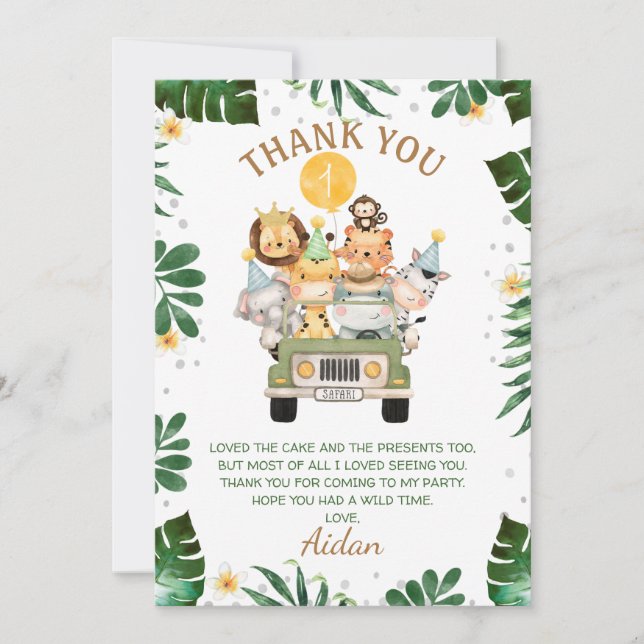 Safari Animal Birthday Thank You Card (Front)