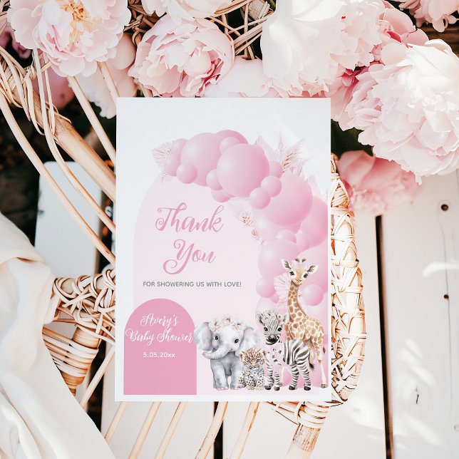 Safari Animal Blush Pink Boho Baby Girl Shower Thank You Card (Creator Uploaded)