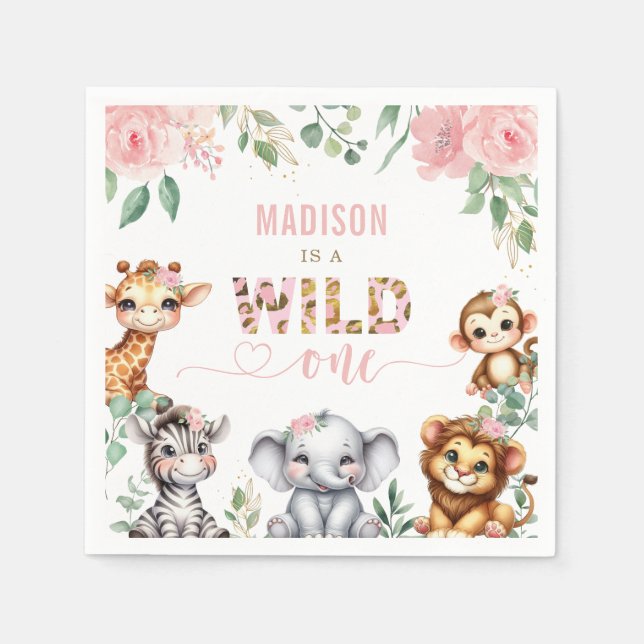 Safari Animal Blush Pink Floral Wild One Birthday Napkin (Front)