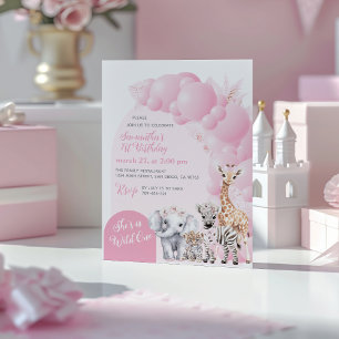 Safari Animal Blush Pink Wild One Girl Birthday Invitation