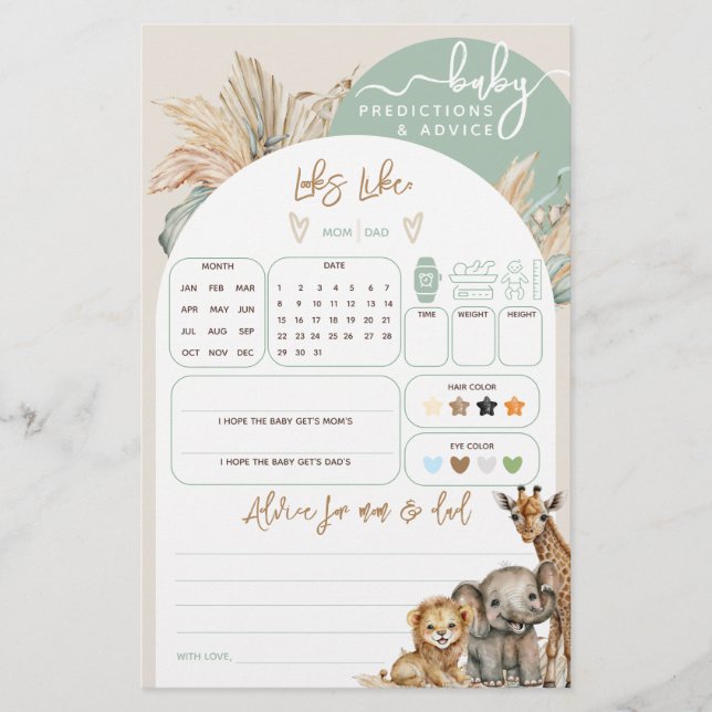 Safari animal boho Baby Shower predictions game (Front)