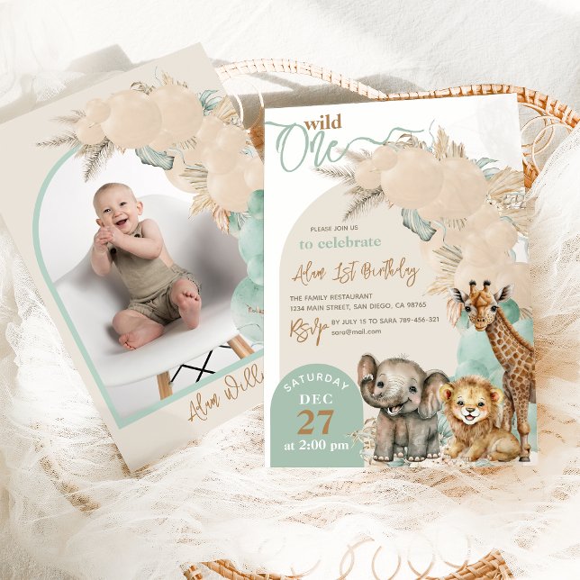 Safari animal Boho Balloon Boy 1st Birthday Photo Invitation (Creator Uploaded)