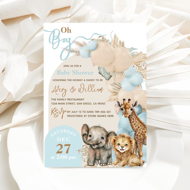 Safari Animal Boho Blue Balloon Boy Baby Shower Invitation (Creator Uploaded)