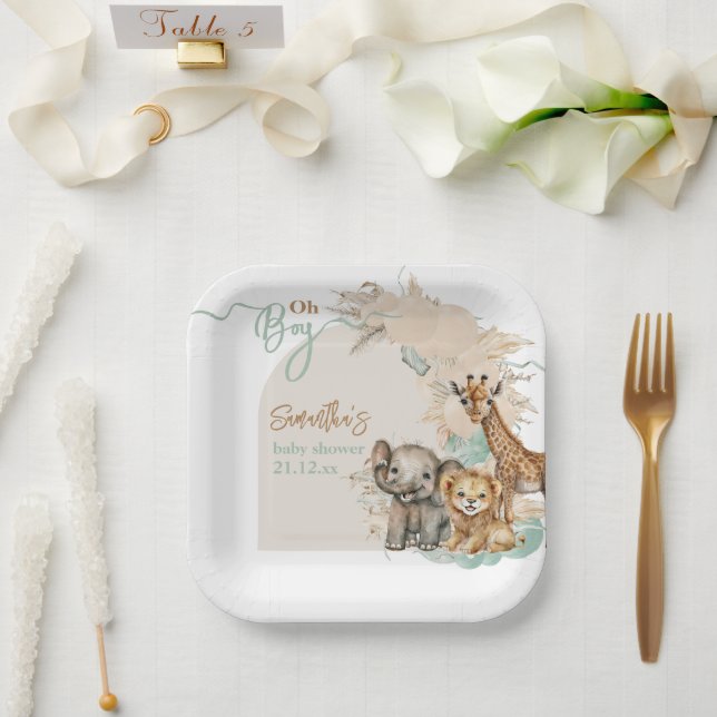Safari animal Boho Oh Boy Baby Shower  Paper Plate (Wedding)